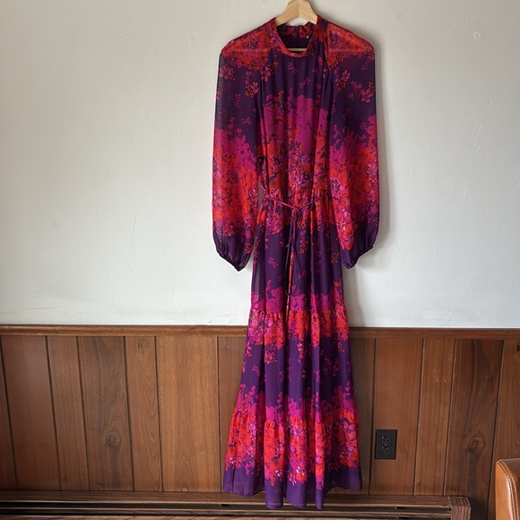 Maison Tara Long Sleeve Mock Neck Printed Chiffon Fit and Flare Dress - Picture 4 of 10